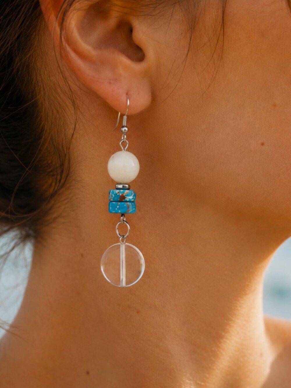 Turquoise Imperial Jasper, Chalcedony, & Glass Drop Earrings, Stainless Steel